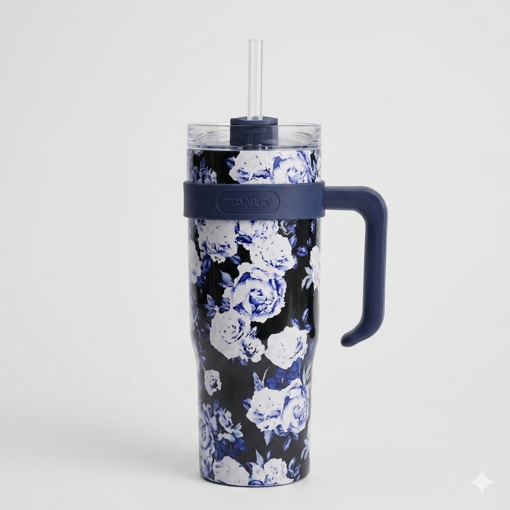 Floral Stanley Style Tumbler with Handle & Straw