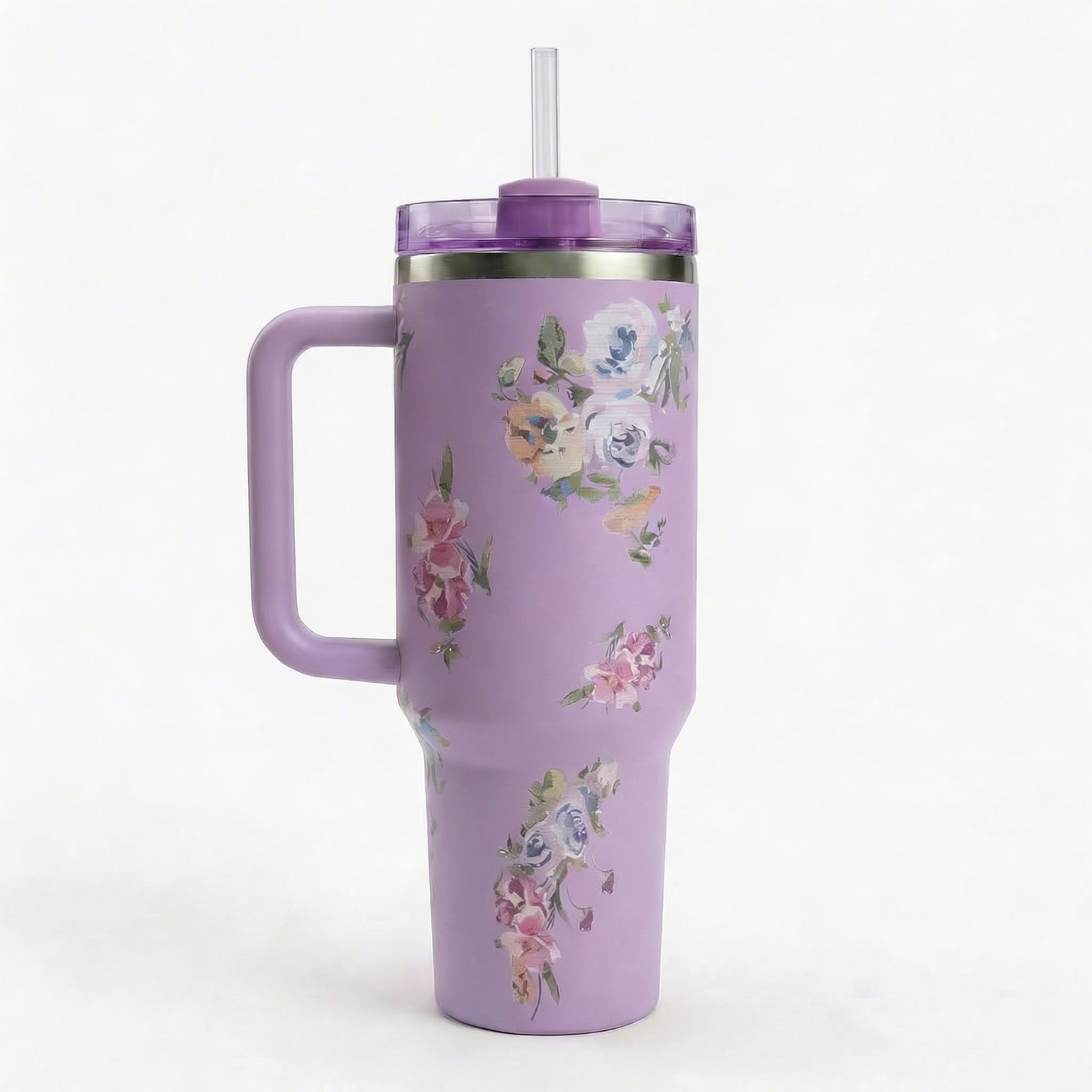 Purple Stanley Quencher H2.0 FlowState™ Tumbler with Floral Design